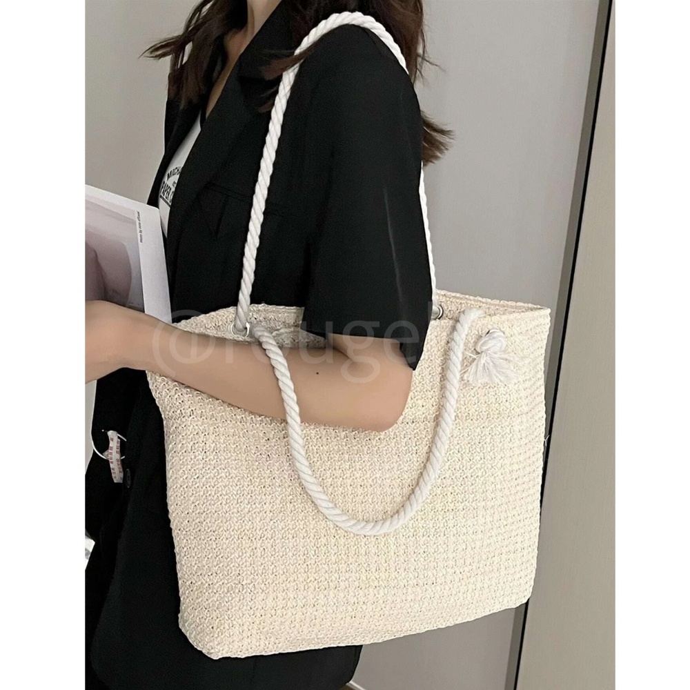 Large Tote Straw Bag Beige Lined Rope Handles - Picture 3 of 6